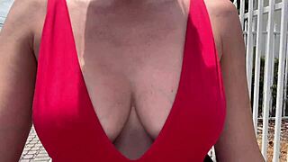 Feeling so aroused with big tits bouncing while walking outdoors as a hot mature woman craves attention.