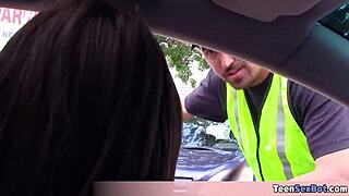 Extra Small 18+ Teen Joseline Handles Parking Ticket with Blowjob Skills Outdoors