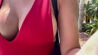 Feeling so aroused with big tits bouncing while walking outdoors as a hot mature woman craves attention.