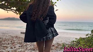 What if a delicious latina teases you on the beach showing tight wet pussy for outdoor cum inside?