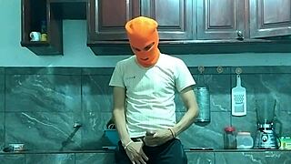 Oh wow, watch this 25-year-old man with a BIG PENIS go from flaccid to erect masturbating in the kitchen!