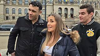 slut gets spanked and choked in rough double penetration with gaping asshole and cum swallowing by pool