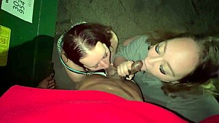 Two chubby amateur sluts with big natural tits desperately suck black cock in outdoor interracial ffm threesome by dumpster
