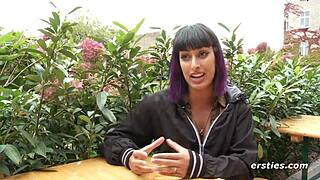 Ersties exhibitionist babe plays with her wet pussy in a public restroom