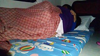 sharing bed with hot milf turns into unexpected creampie under sheets during intimate homemade brunette teen session