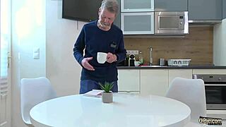 hey, grandpa, how does it feel cumming on my young perky tits after doggystyle fucking and in my mouth?