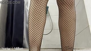 Hey, behind the scenes prepping for triple anal with my huge toy in the shower