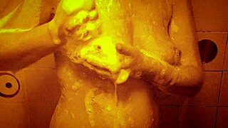 sexy milf relaxes in wet slow motion shower showing ass and tits solo