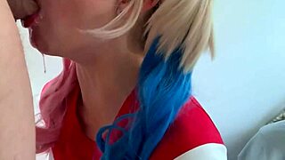 Amateur student in cosplay as Harley Quinn gets fucked doggystyle with big natural tits bouncing.
