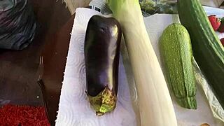 Mexican ladyboy enjoys pigtails during holiday party with vegetable anal play.