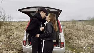 horny teen 18+ couple fucking hard in car outdoors