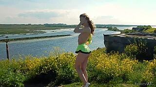 hey spunky teen 18+ model you're getting naked outdoors in miniskirt for sensual photoshoot