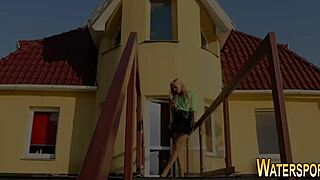 Fetish slut in stockings gargles golden shower piss