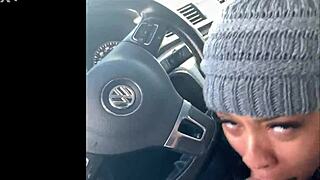 Ebony snowboarder gives deepthroat blowjob with ball licking and cum in mouth outdoors.