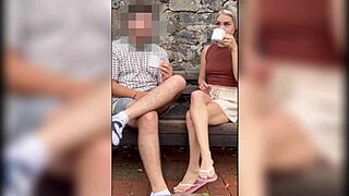 Skinny neighbor gets so horny outdoors that the guy licks her tight pussy. Then he fucks her doggystyle intensely until creampie in her puffy asshole.