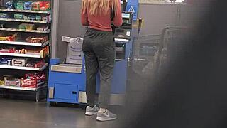 Blonde milf shows off her nice ass in tight spandex.