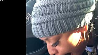 Ebony snowboarder gives deepthroat blowjob with ball licking and cum in mouth outdoors.