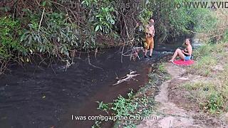 Blonde Strangers Caught Licking Pussy And Riding Cowgirl At Wet Waterfall In Nature