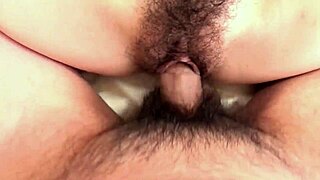 Wow, this Asian hottie with big tits and massive bush gets a creampie - what a sexy ride!