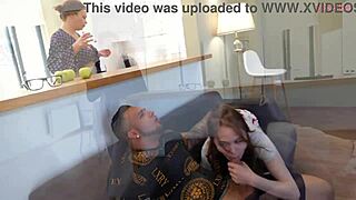 Hot naughty girl seduces her milf lover and he fucks them both hard in the mouth with his huge dick.