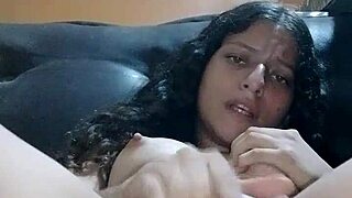 Hot Latina amateur with natural tits masturbates wildly on furniture and almost gets caught!