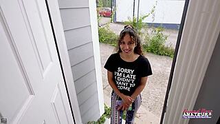 Petite brunette Liv Revamped rubs wet pussy with small tits exposed while deepthroating huge cock solo.