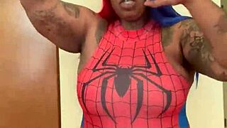 Spider Girl Shabrim Cosplay With Striptease Until Clothes Ripped Off In Costume Action