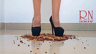 Cornflakes get destroyed with high heels boots on the floor