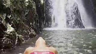 Monika Fox Walks Through Jungle In Pink Top Yellow Shorts Showing Big Tits Pierced Nipples Naked