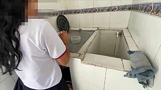 Perverted Man Finds Petite 18+ Washing Panties And Shoves Huge Cock Deep In Shaved Pussy Until Cum Covered