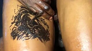 Bold Thigh Fuck With Intense Handjob, Fingering, And Oiled Ebony Curvy Babe Screaming
