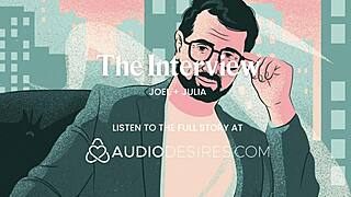 During the interview, she starts rubbing her tits sensually. Then she cums all over herself and asks for my dick, so I give it to her eagerly.