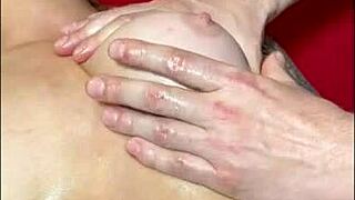 Petite blonde pornstar Jesse Pony indulges in tantric oil massage session.