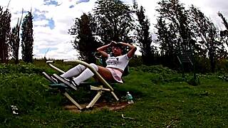 Teasing bike ride flashes panties under miniskirt, drawing an old guy's lust for outdoor anal pounding and gaping cumshot