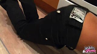 Struggling to escape her super tight skinny jeans, the skinny milf next door strips nude for help