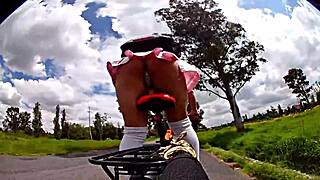 Teasing bike ride flashes panties under miniskirt, drawing an old guy's lust for outdoor anal pounding and gaping cumshot