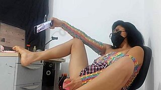 Hey, wanna see this sweet curvy girl in miniskirt and fishnet stockings ride a huge horse dildo deep?