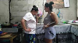 Horny chubby neighbor wants hard fucking in kitchen.