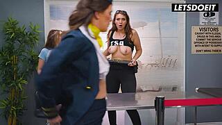 Steamy airport threesome hints at lesbian smuggler joining staff for big tits scissoring and cunilingus