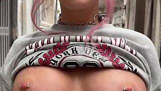 busty babe, look at me flashing my pierced tits all over the home store