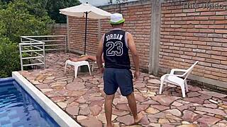 Horny pool guy fucks busty Latina milf outdoors with deepthroat and wet tits action