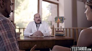 Pervert doctor observes his patients engage in interracial hardcore sex with petite Asian in hospital setting