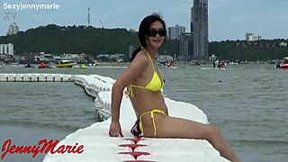 jenny marie rocks sexy new yellow bikini outdoors public tease