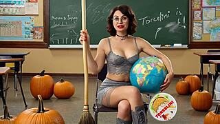Torcelini Halloween Witch Teacher Rides Broomstick in Shaved Pussy Lesson