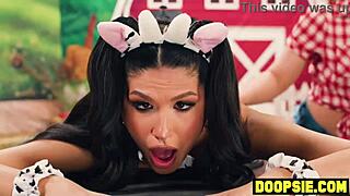 Blonde babe with huge ass milks and bounces on two massive shemale cocks!