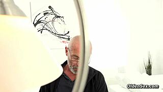 The horny old man bends blonde teen 18+ over for intense doggystyle pounding in office